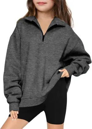 Sweatshirts for Girls Quarter Zip Pullover Long Sleeve Fleece Lined Tops Oversized Crewneck Sweatshirt Preppy Clothes