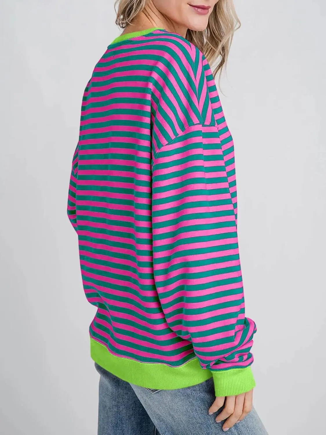 Thatrich Oversized Sweatshirts for Women Striped Crewneck Pullovers Casual Loose Long Sleeve Shirts Trendy Outfits for Fall