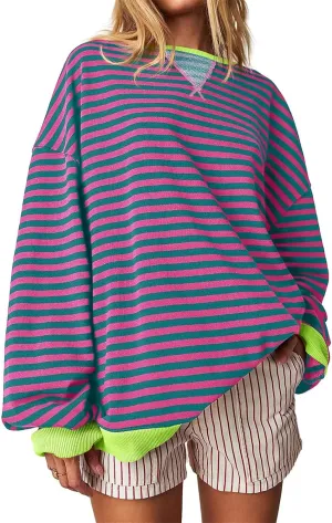 Thatrich Oversized Sweatshirts for Women Striped Crewneck Pullovers Casual Loose Long Sleeve Shirts Trendy Outfits for Fall