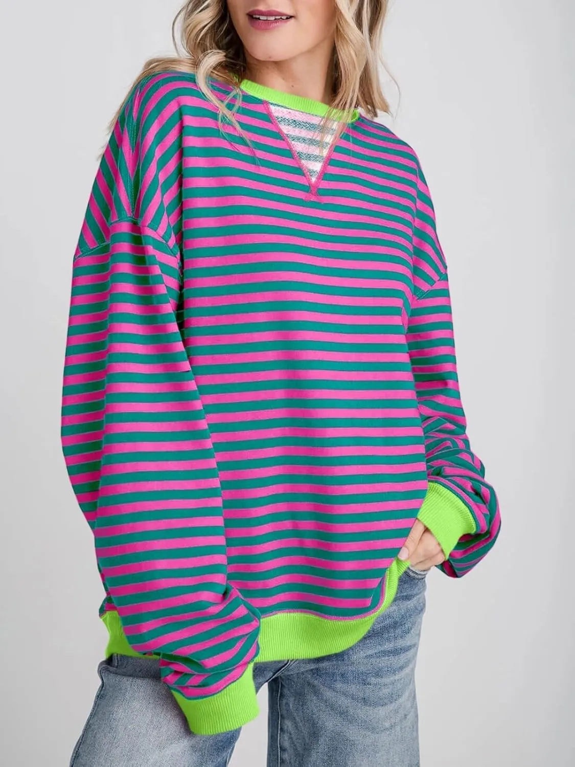 Thatrich Oversized Sweatshirts for Women Striped Crewneck Pullovers Casual Loose Long Sleeve Shirts Trendy Outfits for Fall