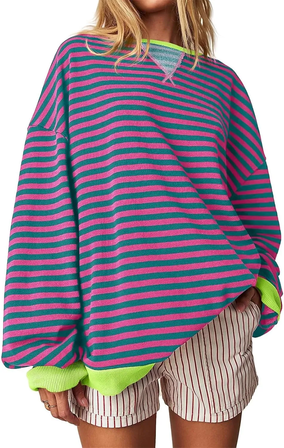 Thatrich Oversized Sweatshirts for Women Striped Crewneck Pullovers Casual Loose Long Sleeve Shirts Trendy Outfits for Fall