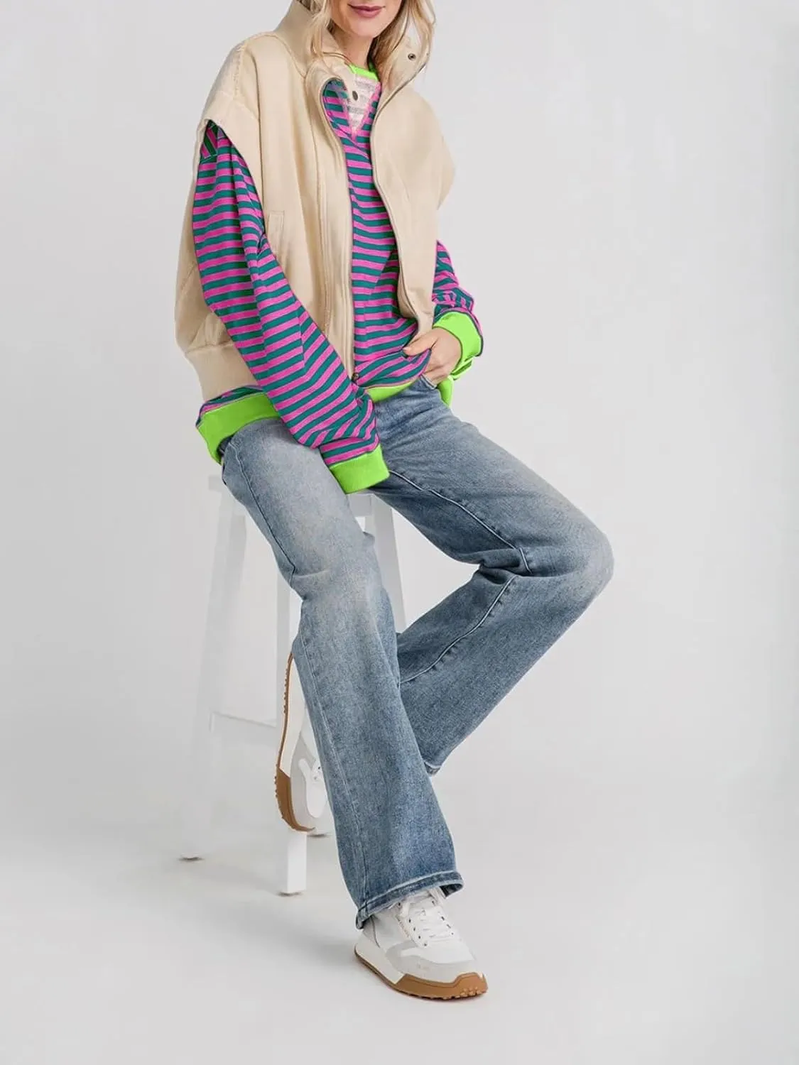 Thatrich Oversized Sweatshirts for Women Striped Crewneck Pullovers Casual Loose Long Sleeve Shirts Trendy Outfits for Fall