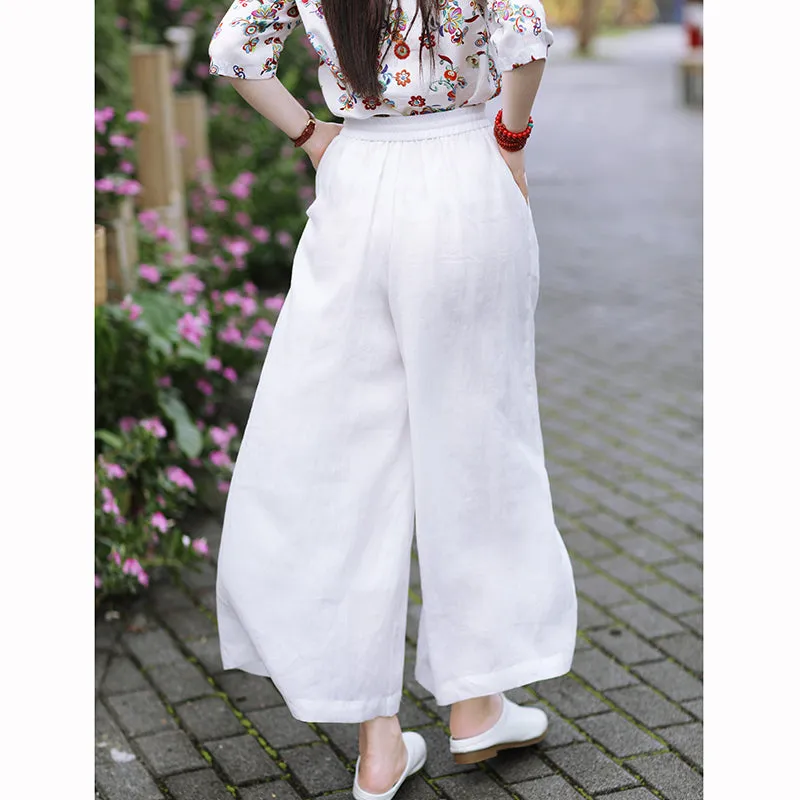 White Linen Summer Wide Leg Pants Autumn Women Casual Pants SMM97214