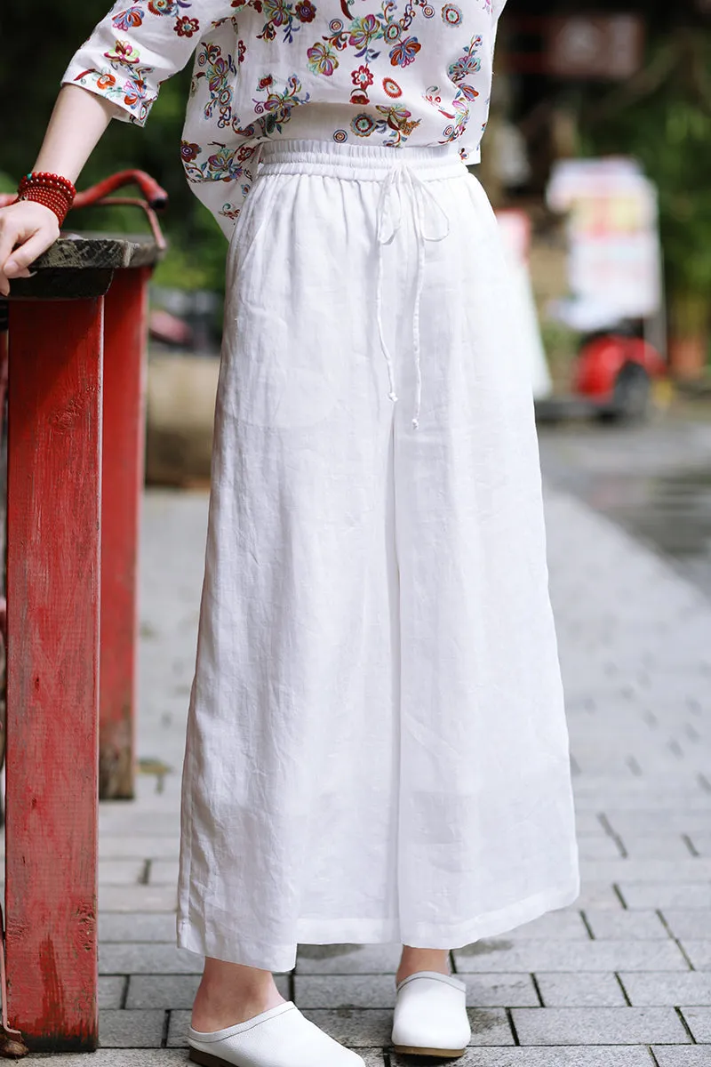 White Linen Summer Wide Leg Pants Autumn Women Casual Pants SMM97214