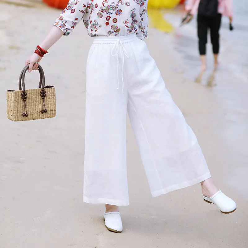 White Linen Summer Wide Leg Pants Autumn Women Casual Pants SMM97214