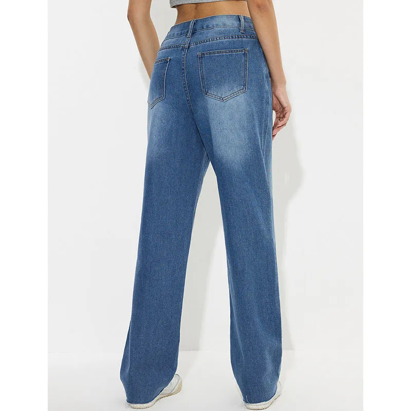 Women Clothing Fashionable Retro Casual High Waist Straight Leg Denim Trousers