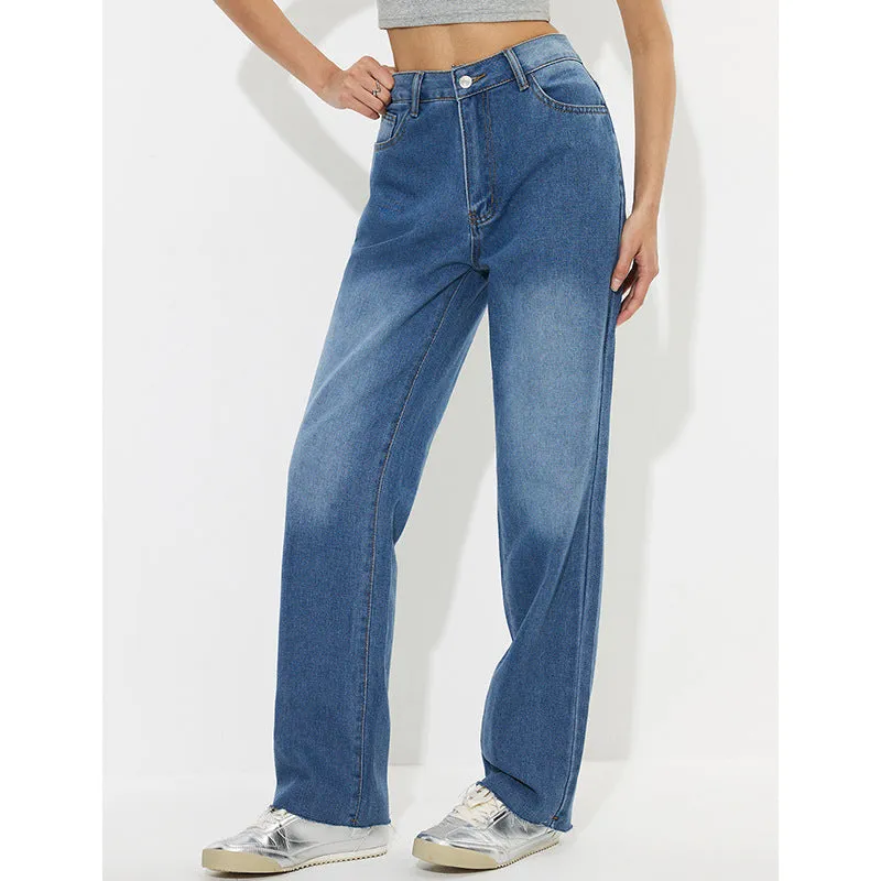Women Clothing Fashionable Retro Casual High Waist Straight Leg Denim Trousers