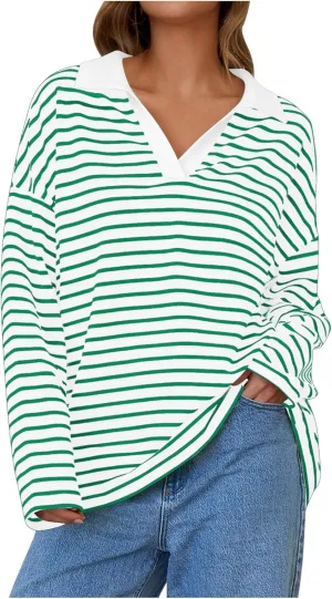 Women Fall Fashion Sweatshirts Long Sleeve V-Neck Stripe Pullover Tops Casual Oversized Fall Clothes