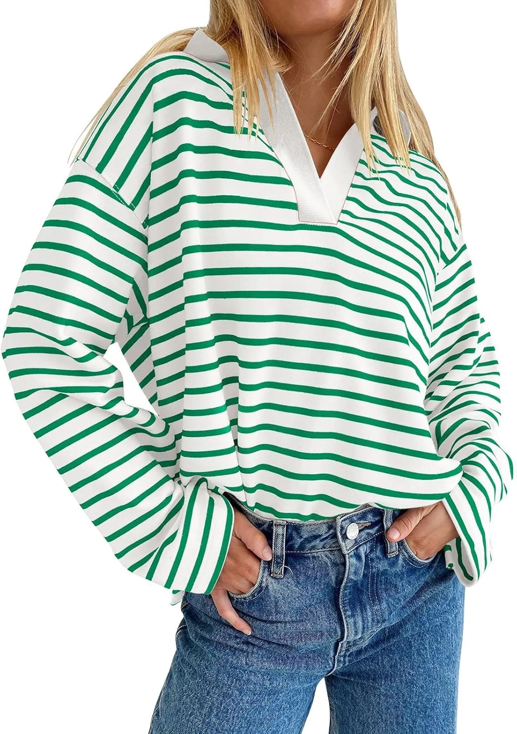 Women Fall Fashion Sweatshirts Long Sleeve V-Neck Stripe Pullover Tops Casual Oversized Fall Clothes