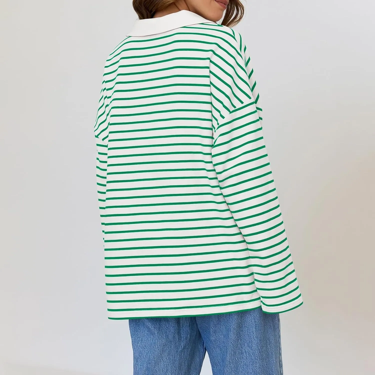 Women Fall Fashion Sweatshirts Long Sleeve V-Neck Stripe Pullover Tops Casual Oversized Fall Clothes