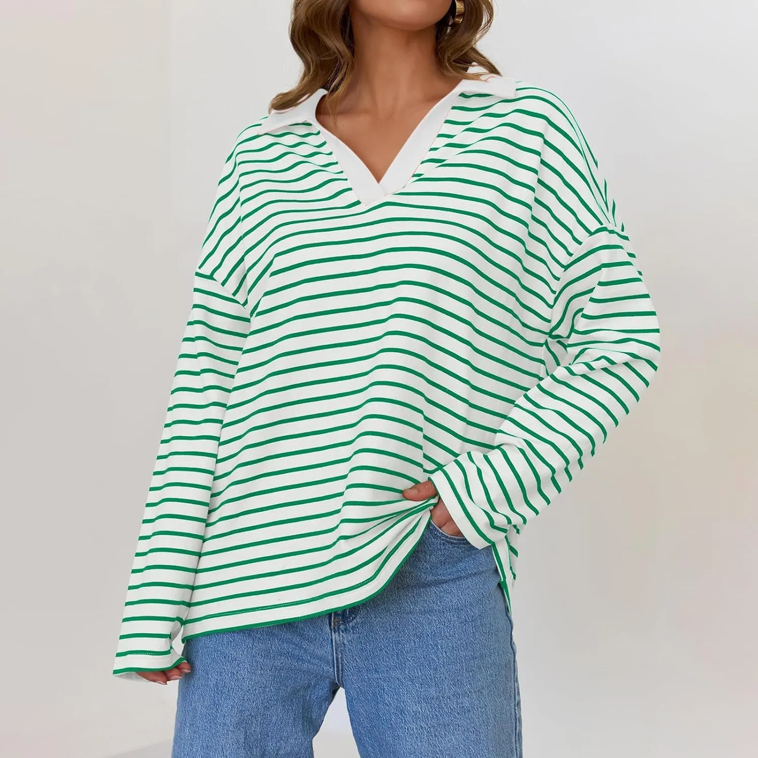Women Fall Fashion Sweatshirts Long Sleeve V-Neck Stripe Pullover Tops Casual Oversized Fall Clothes