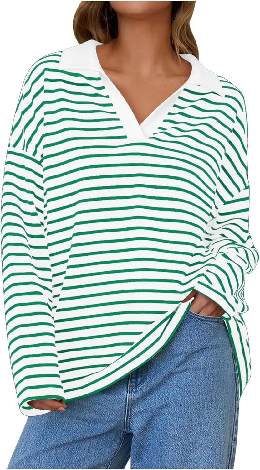 Women Fall Fashion Sweatshirts Long Sleeve V-Neck Stripe Pullover Tops Casual Oversized Fall Clothes