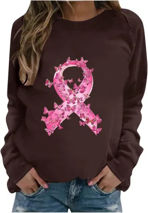 Women Oversized Sweatshirt Breast Cancer Fight Awareness Long Sleeve Crewneck Hoodies Shirts Pullover Top