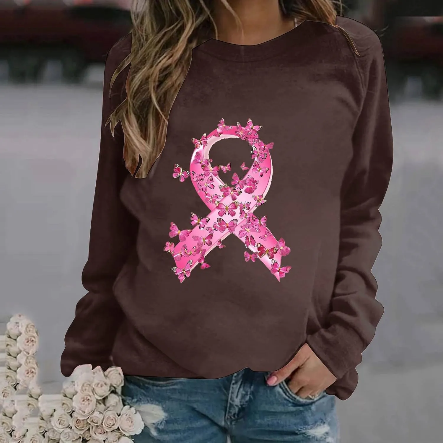Women Oversized Sweatshirt Breast Cancer Fight Awareness Long Sleeve Crewneck Hoodies Shirts Pullover Top