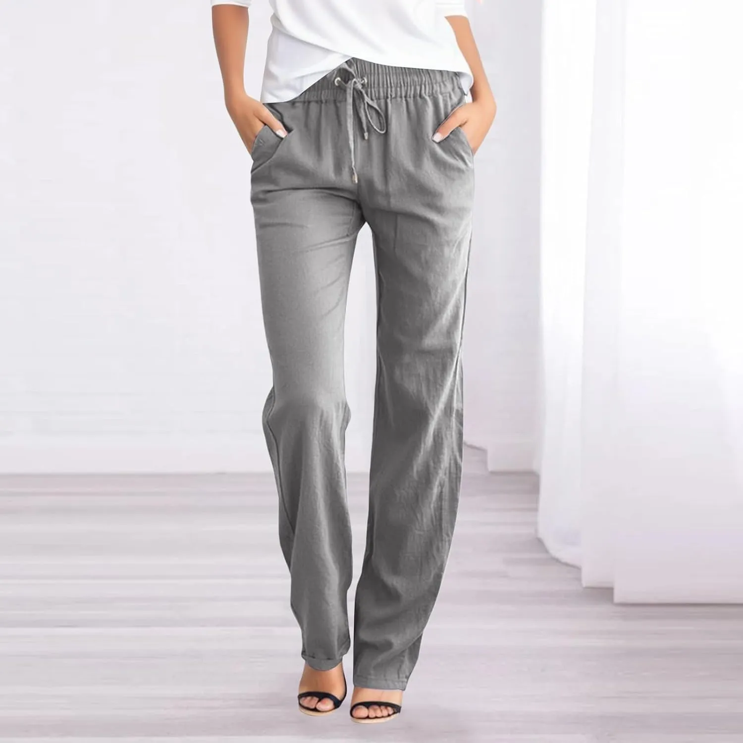 Women Sweatpants Straight Leg Cotton Linen Long Pants Summer Drawstring Lounge Trousers Trendy Casual 2024 Trouser