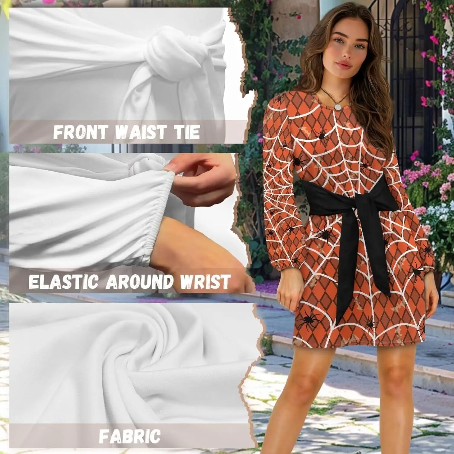 Womens Casual Dress Crewneck Long Sleeve A Line Mini Dresses Tie Waist Flowy Ruched Outfits Sexy Stylish Shirts