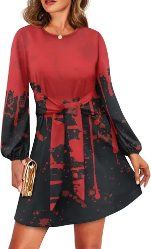 Womens Casual Dress Crewneck Long Sleeve A Line Mini Dresses Tie Waist Flowy Ruched Outfits Sexy Stylish Shirts