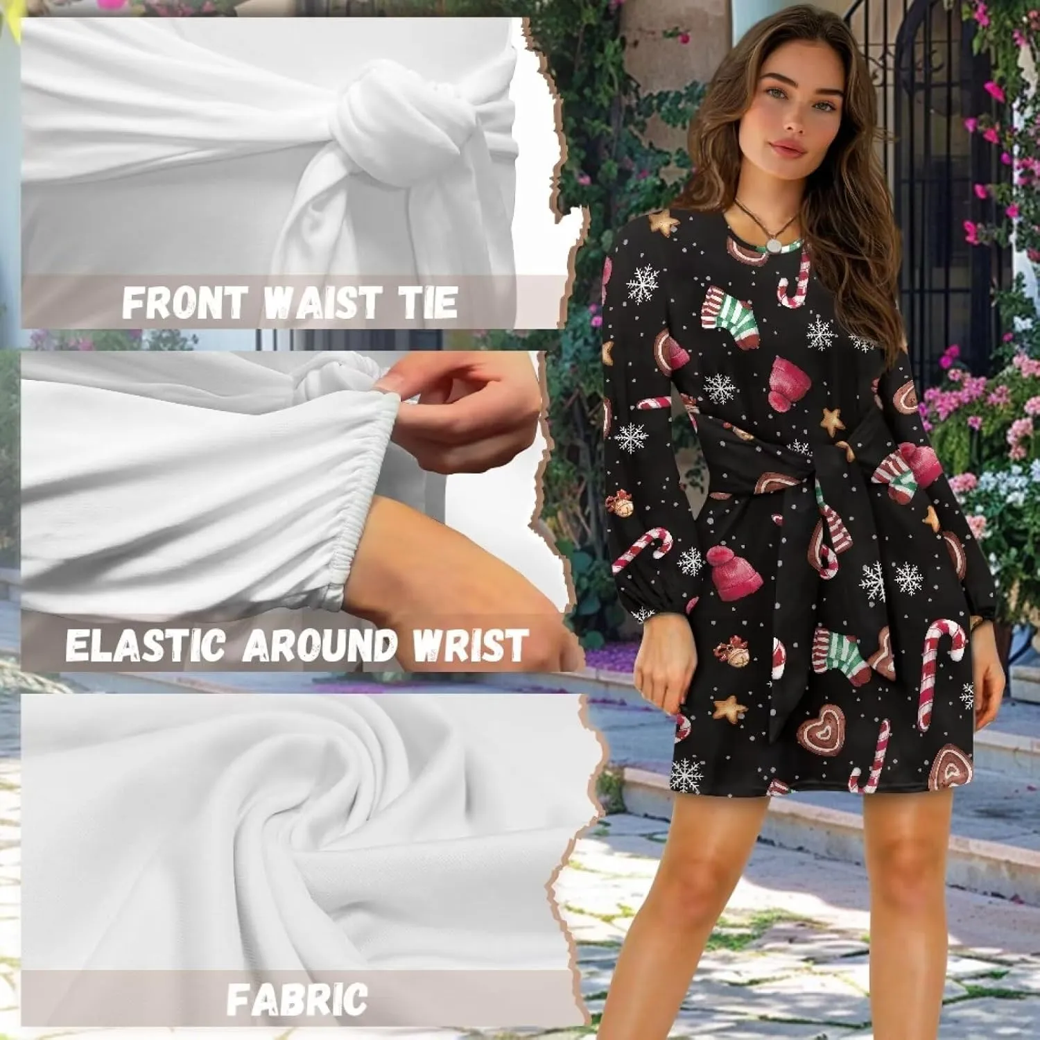 Womens Casual Dress Crewneck Long Sleeve A Line Mini Dresses Tie Waist Flowy Ruched Outfits Sexy Stylish Shirts