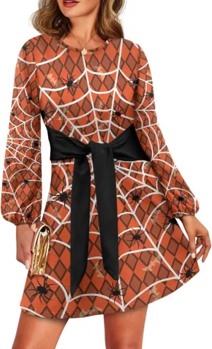 Womens Casual Dress Crewneck Long Sleeve A Line Mini Dresses Tie Waist Flowy Ruched Outfits Sexy Stylish Shirts