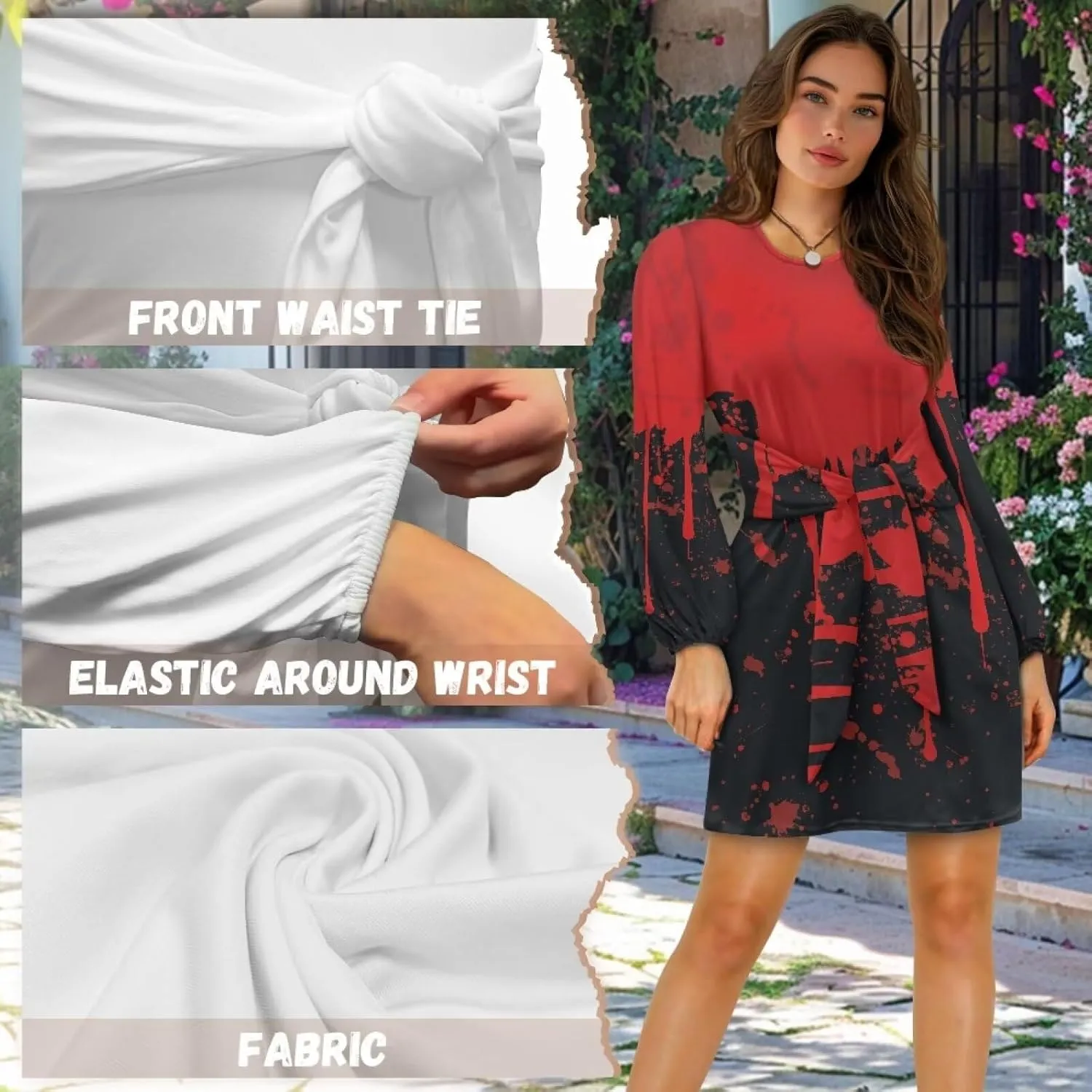 Womens Casual Dress Crewneck Long Sleeve A Line Mini Dresses Tie Waist Flowy Ruched Outfits Sexy Stylish Shirts