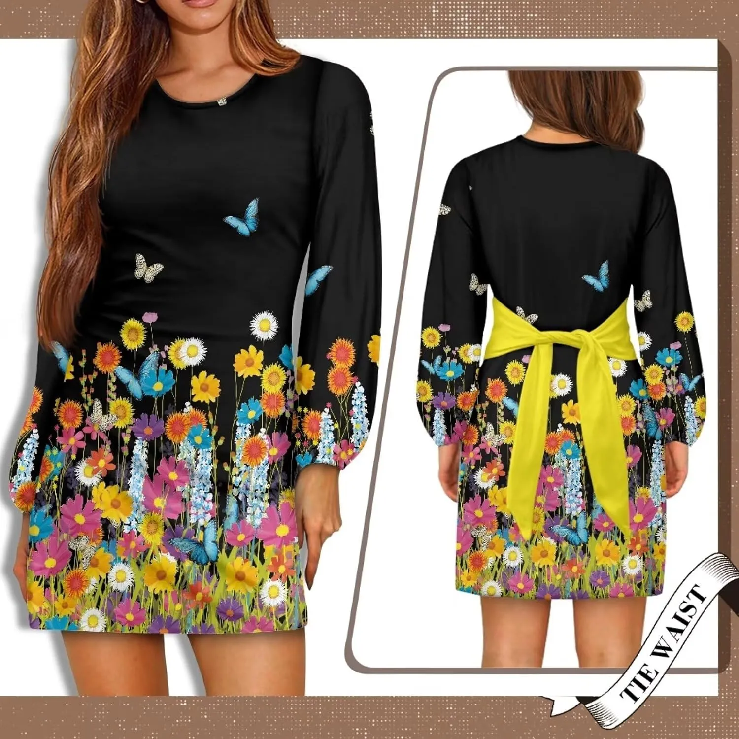 Womens Casual Dress Crewneck Long Sleeve A Line Mini Dresses Tie Waist Flowy Ruched Outfits Sexy Stylish Shirts