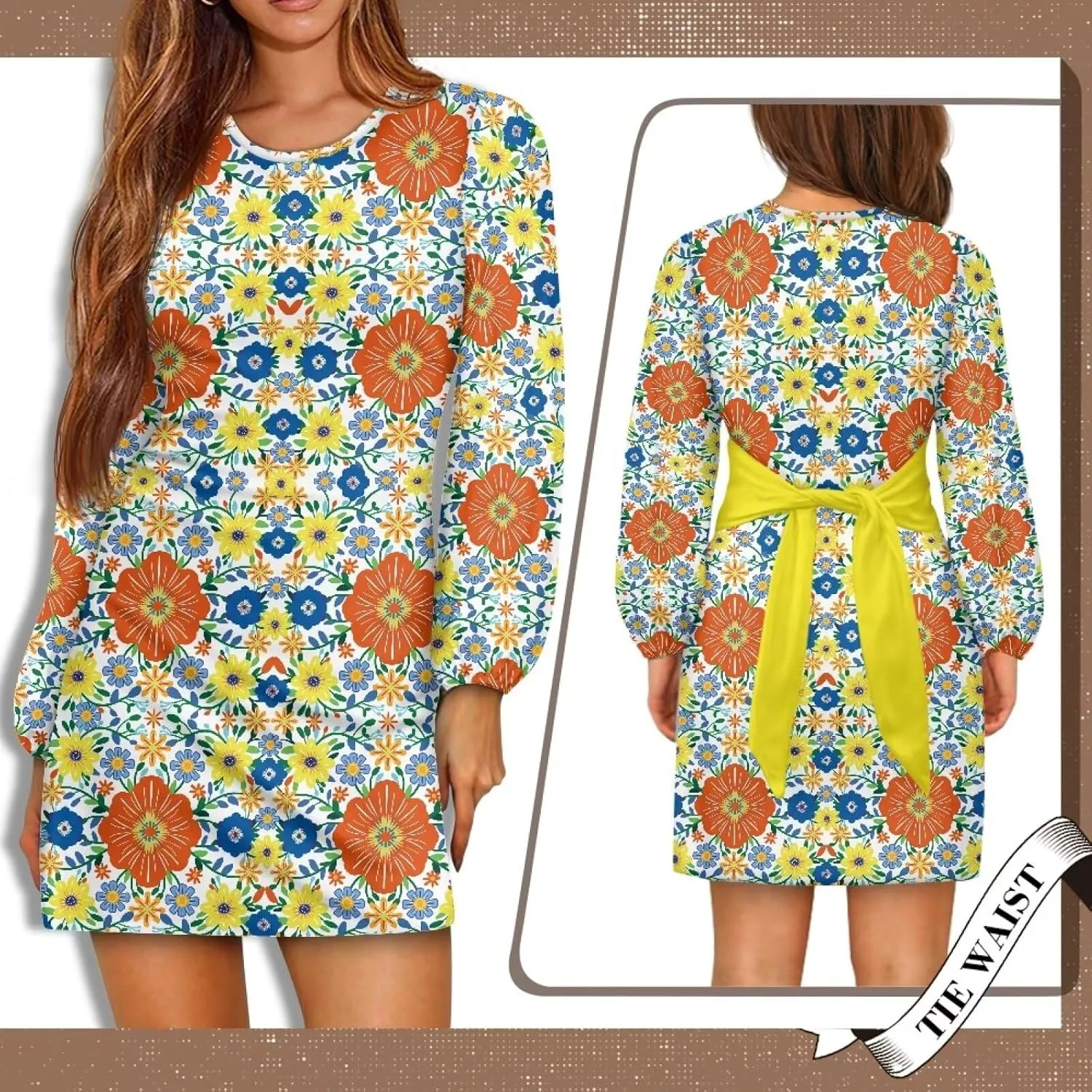 Womens Casual Dress Crewneck Long Sleeve A Line Mini Dresses Tie Waist Flowy Ruched Outfits Sexy Stylish Shirts