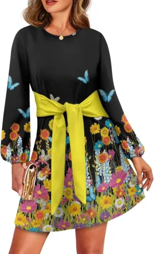Womens Casual Dress Crewneck Long Sleeve A Line Mini Dresses Tie Waist Flowy Ruched Outfits Sexy Stylish Shirts