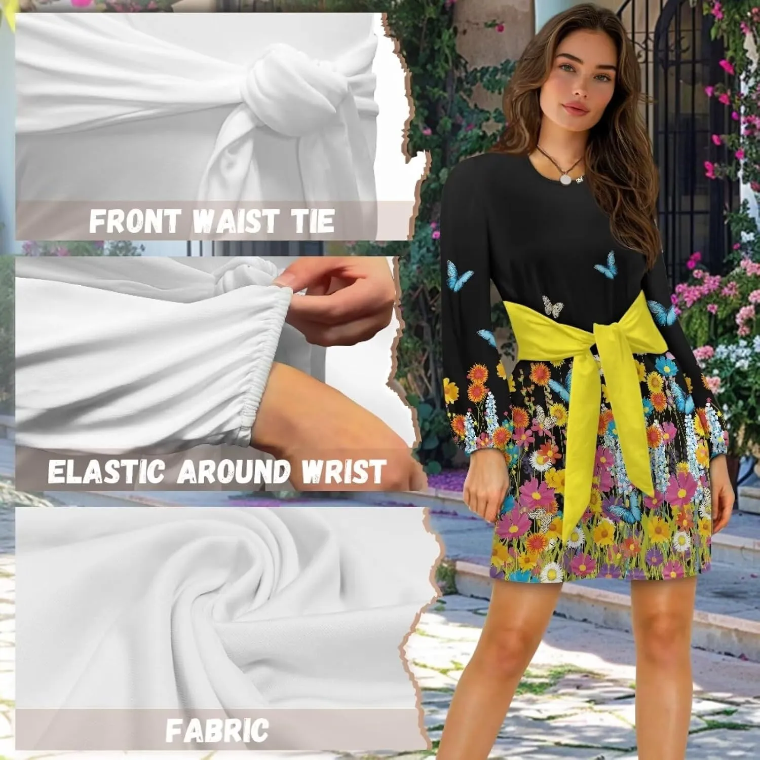 Womens Casual Dress Crewneck Long Sleeve A Line Mini Dresses Tie Waist Flowy Ruched Outfits Sexy Stylish Shirts