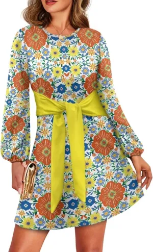 Womens Casual Dress Crewneck Long Sleeve A Line Mini Dresses Tie Waist Flowy Ruched Outfits Sexy Stylish Shirts