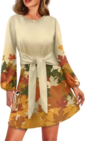 Womens Casual Dress Crewneck Long Sleeve A Line Mini Dresses Tie Waist Flowy Ruched Outfits Sexy Stylish Shirts
