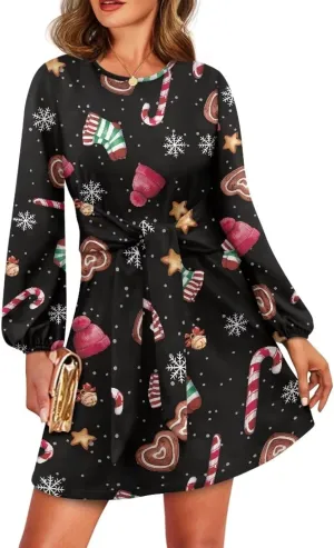Womens Casual Dress Crewneck Long Sleeve A Line Mini Dresses Tie Waist Flowy Ruched Outfits Sexy Stylish Shirts