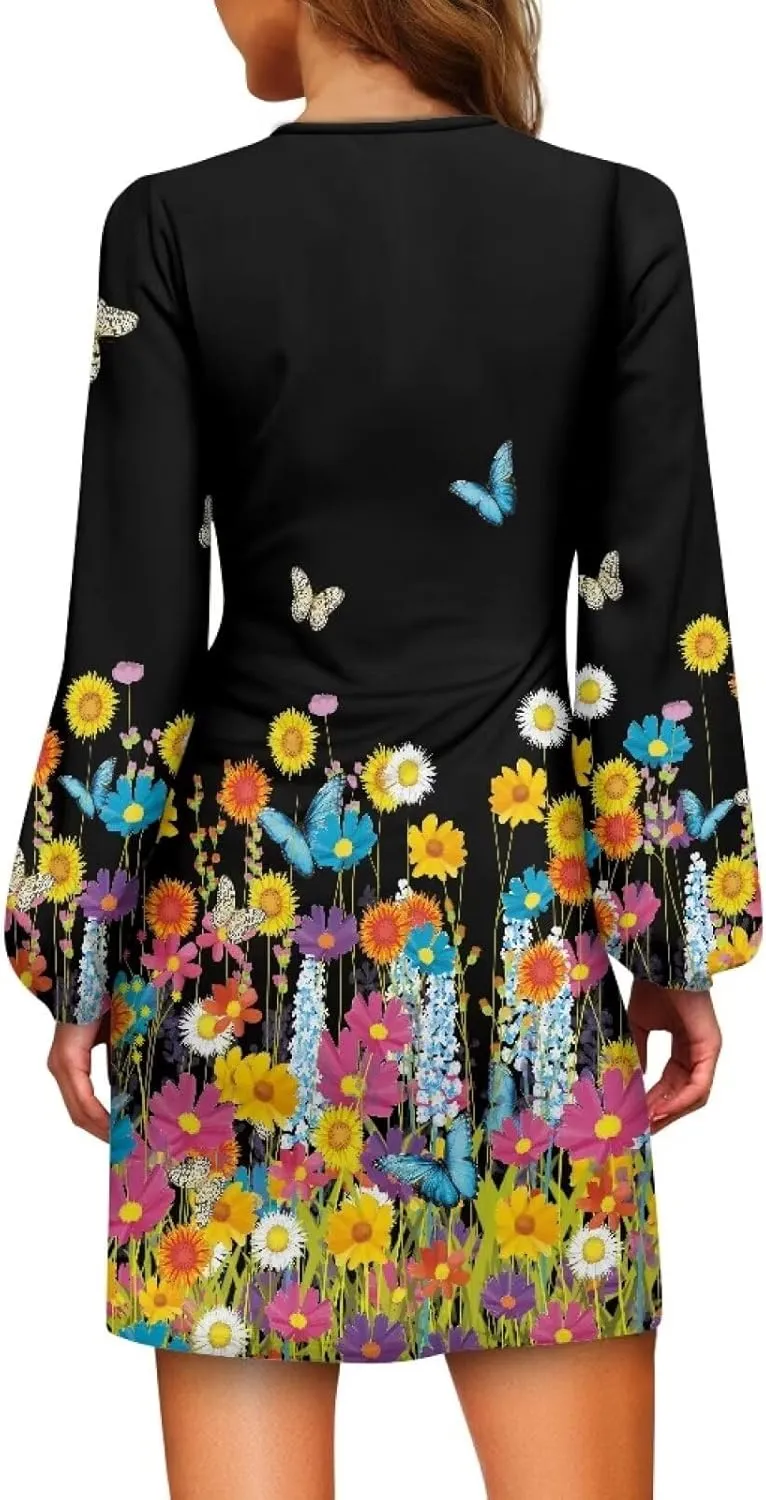 Womens Casual Dress Crewneck Long Sleeve A Line Mini Dresses Tie Waist Flowy Ruched Outfits Sexy Stylish Shirts