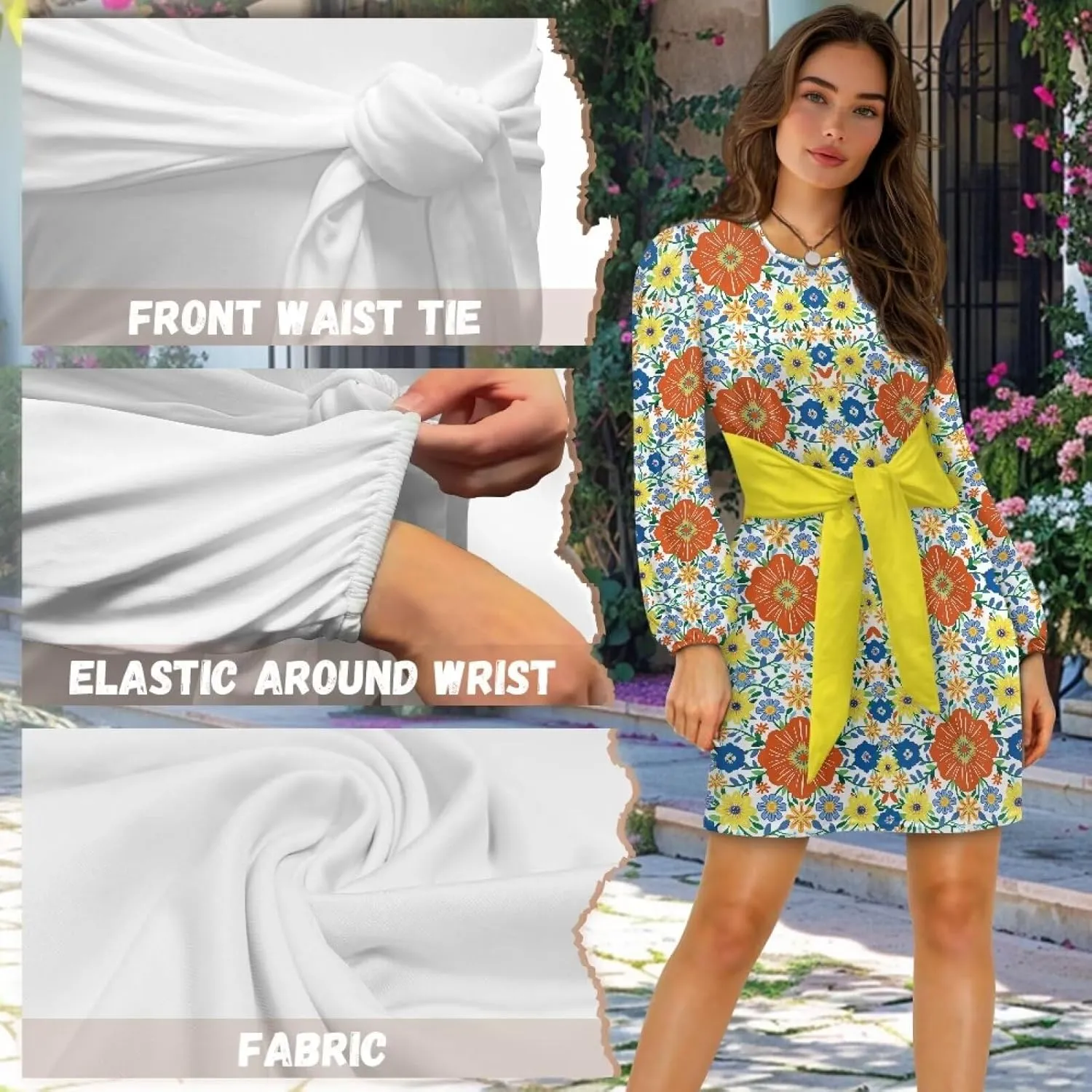 Womens Casual Dress Crewneck Long Sleeve A Line Mini Dresses Tie Waist Flowy Ruched Outfits Sexy Stylish Shirts