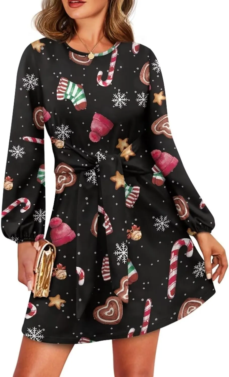 Womens Casual Dress Crewneck Long Sleeve A Line Mini Dresses Tie Waist Flowy Ruched Outfits Sexy Stylish Shirts