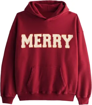 Womens Christmas Hoodie Merry Letter Printed Pullover Tops Oversized Long Sleeve Sweatshirts Xmas Holiday Tops