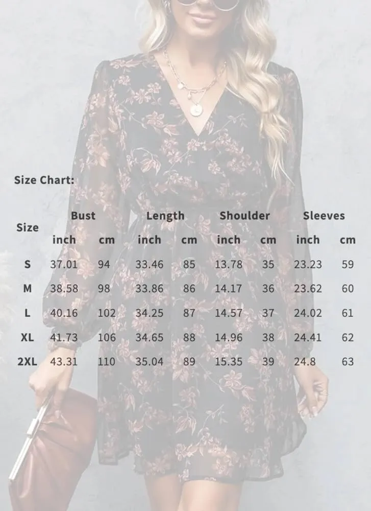 Women's Dresses Floral Print V Neck Long Sleeve Mini Dress Stylish Elastic Waist Flowly Ruffle Hem Day Dress