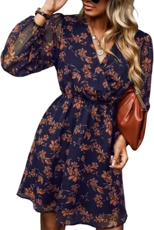 Women's Dresses Floral Print V Neck Long Sleeve Mini Dress Stylish Elastic Waist Flowly Ruffle Hem Day Dress