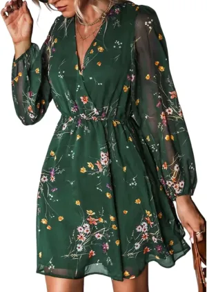 Women's Dresses Floral Print V Neck Long Sleeve Mini Dress Stylish Elastic Waist Flowly Ruffle Hem Day Dress