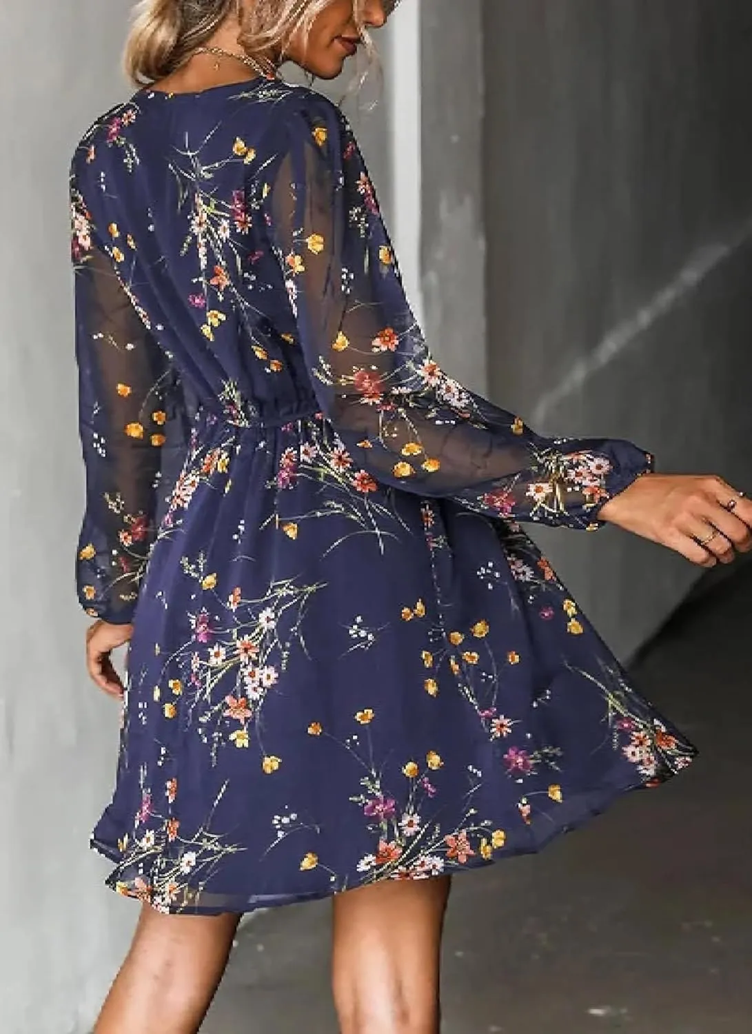 Women's Dresses Floral Print V Neck Long Sleeve Mini Dress Stylish Elastic Waist Flowly Ruffle Hem Day Dress