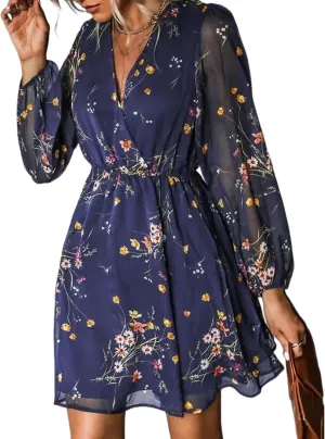 Women's Dresses Floral Print V Neck Long Sleeve Mini Dress Stylish Elastic Waist Flowly Ruffle Hem Day Dress