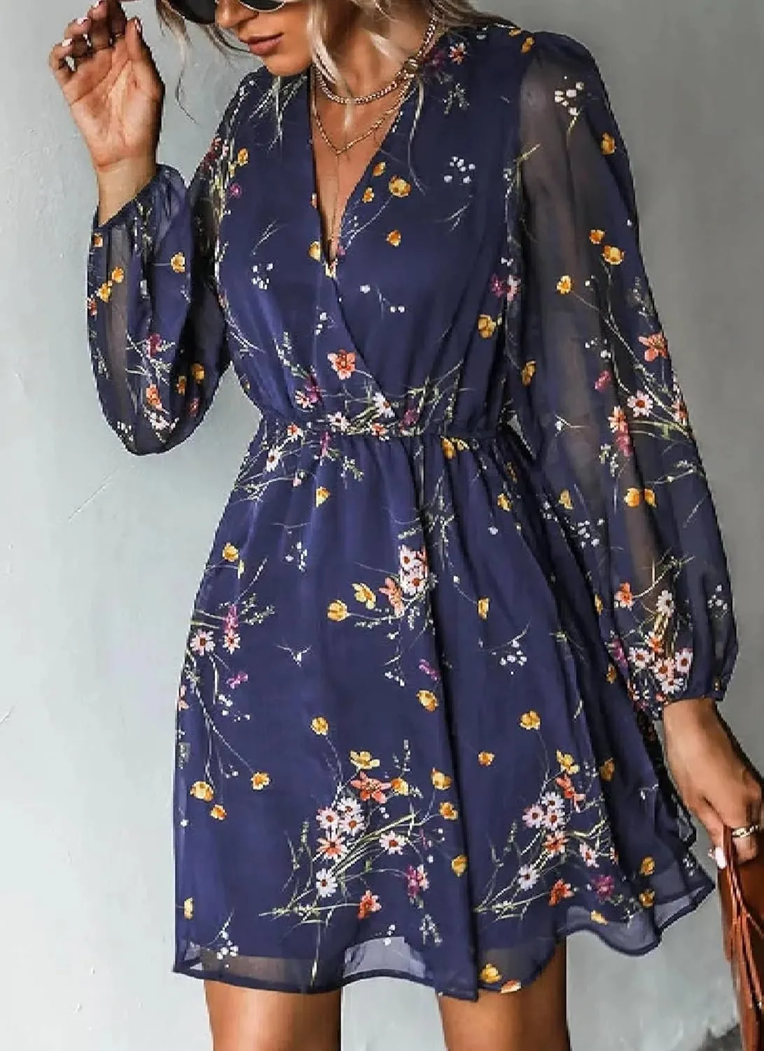 Women's Dresses Floral Print V Neck Long Sleeve Mini Dress Stylish Elastic Waist Flowly Ruffle Hem Day Dress