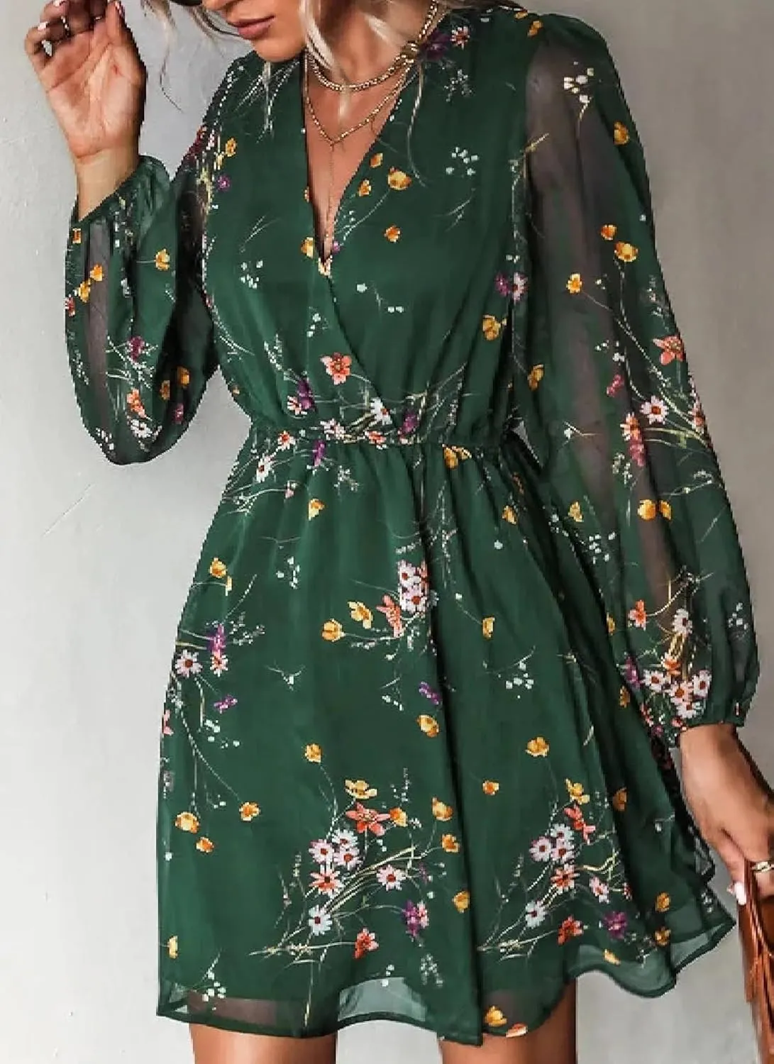 Women's Dresses Floral Print V Neck Long Sleeve Mini Dress Stylish Elastic Waist Flowly Ruffle Hem Day Dress