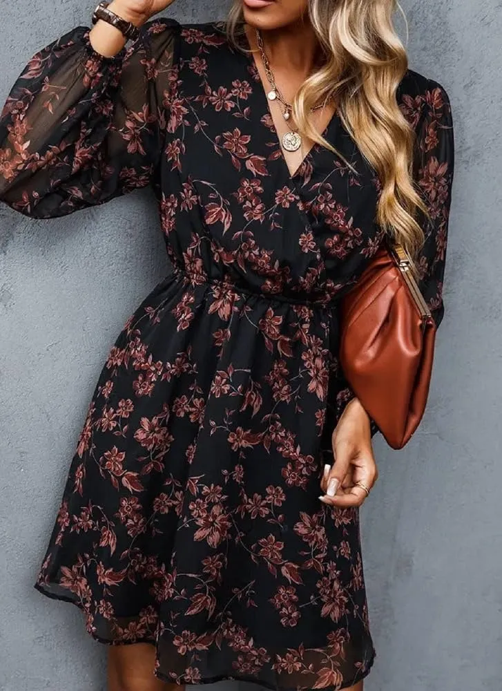 Women's Dresses Floral Print V Neck Long Sleeve Mini Dress Stylish Elastic Waist Flowly Ruffle Hem Day Dress
