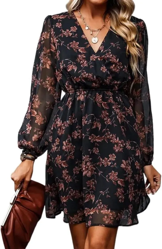Women's Dresses Floral Print V Neck Long Sleeve Mini Dress Stylish Elastic Waist Flowly Ruffle Hem Day Dress