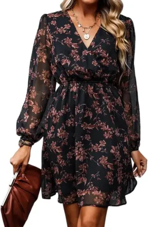 Women's Dresses Floral Print V Neck Long Sleeve Mini Dress Stylish Elastic Waist Flowly Ruffle Hem Day Dress