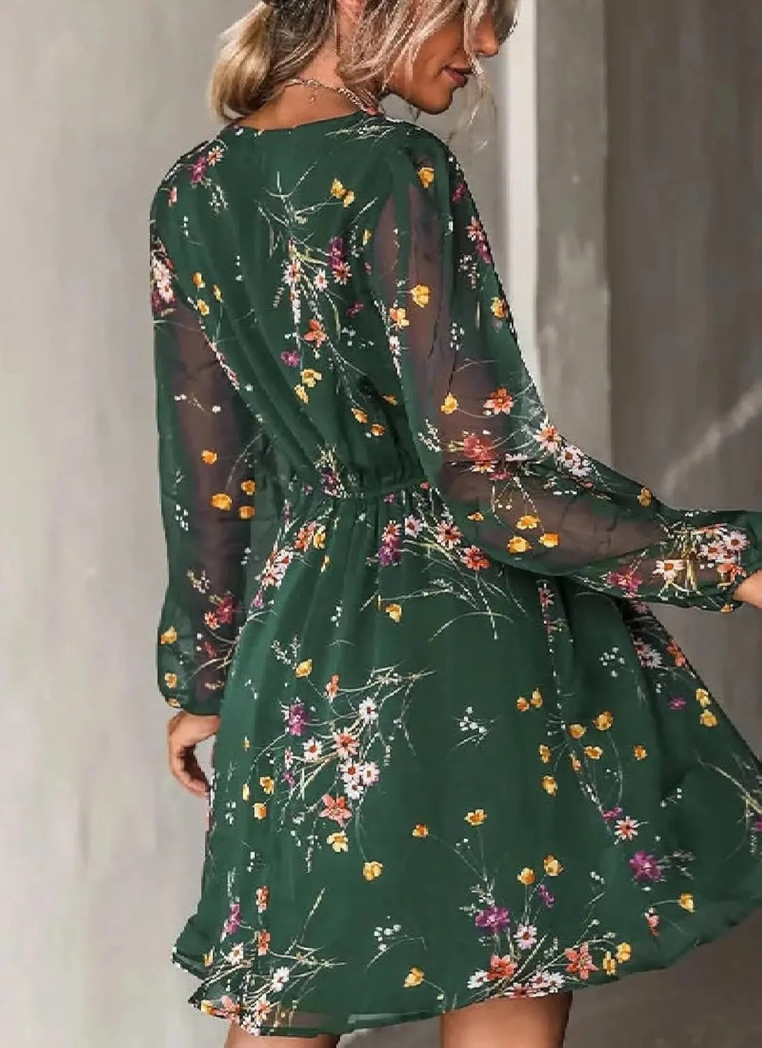 Women's Dresses Floral Print V Neck Long Sleeve Mini Dress Stylish Elastic Waist Flowly Ruffle Hem Day Dress