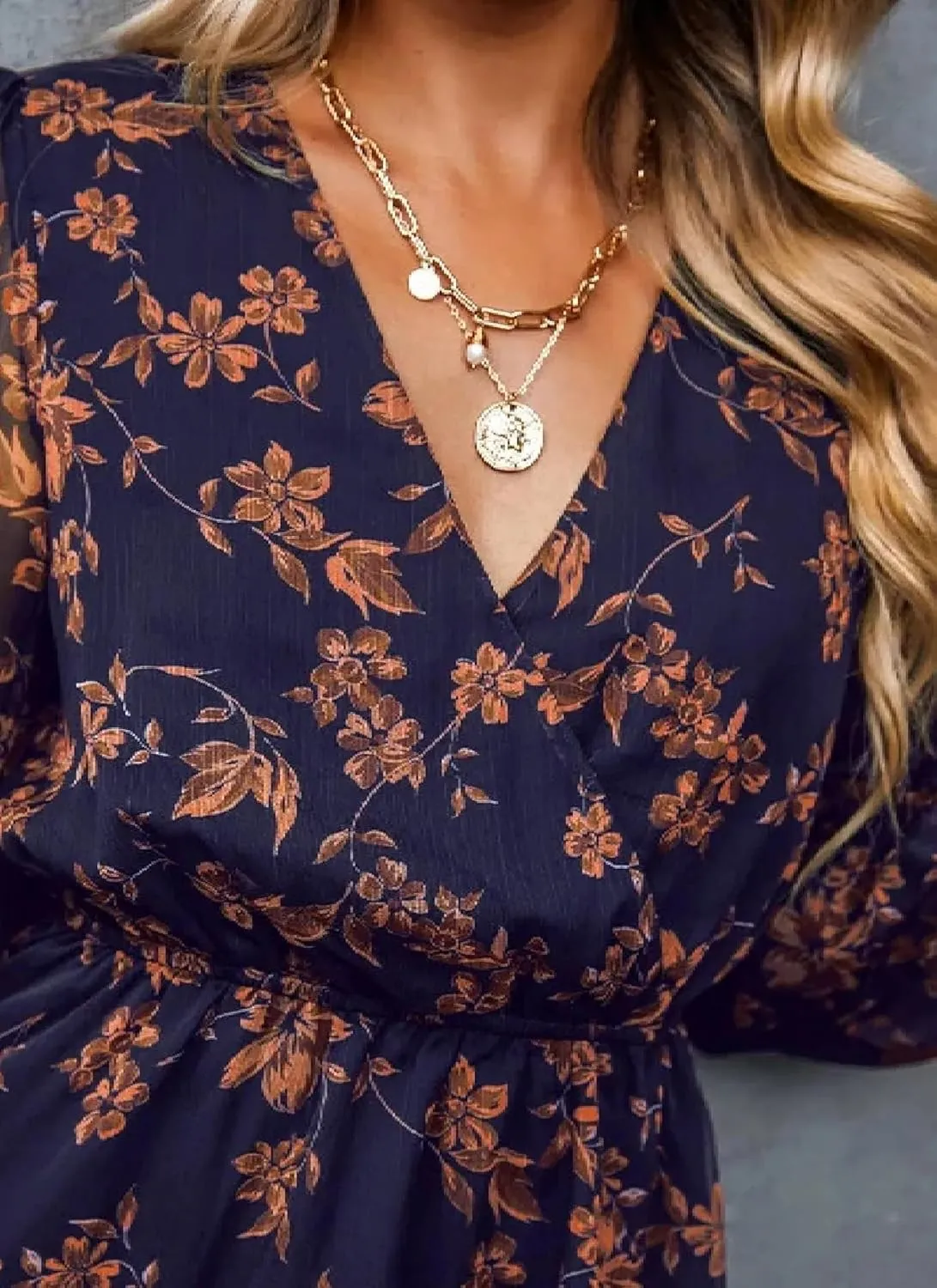 Women's Dresses Floral Print V Neck Long Sleeve Mini Dress Stylish Elastic Waist Flowly Ruffle Hem Day Dress