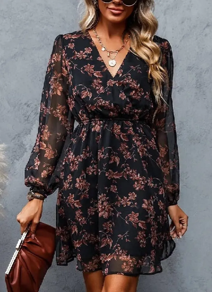 Women's Dresses Floral Print V Neck Long Sleeve Mini Dress Stylish Elastic Waist Flowly Ruffle Hem Day Dress