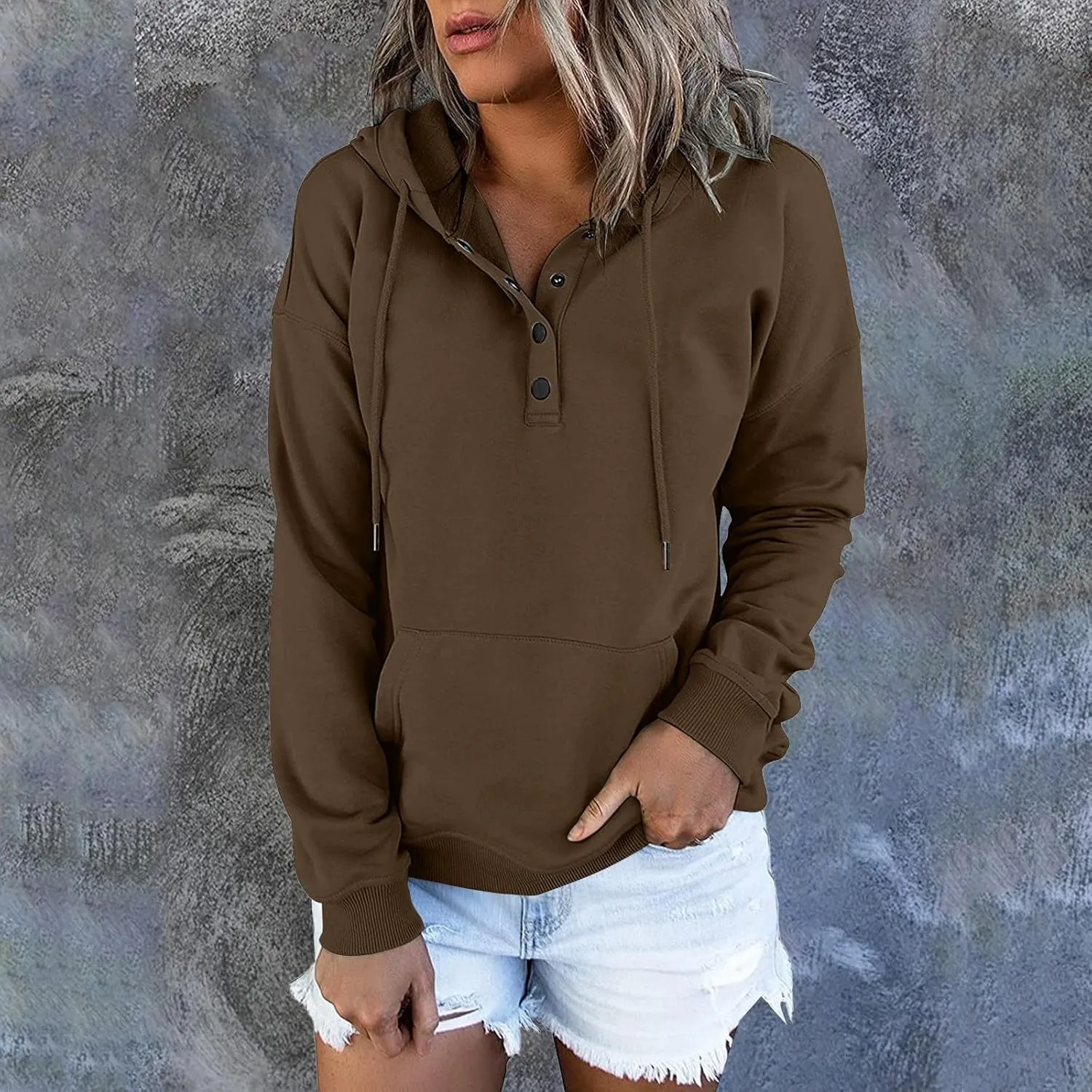 Womens Hoodies Pullover Casual Long Sleeve Button Down Drawstring Hooded Sweatshirts with Pocket Trendy Fall Shirts