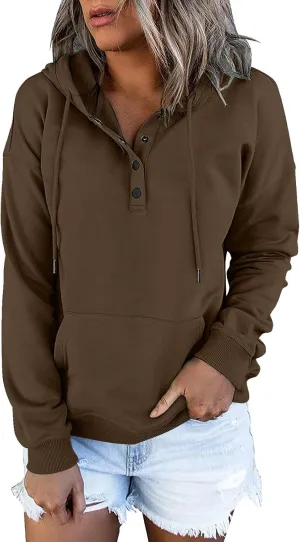Womens Hoodies Pullover Casual Long Sleeve Button Down Drawstring Hooded Sweatshirts with Pocket Trendy Fall Shirts